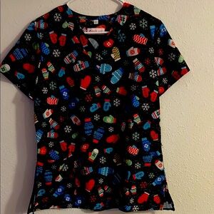 White Cross Mittens Christmas Scrub Top - Black with Festive Prints